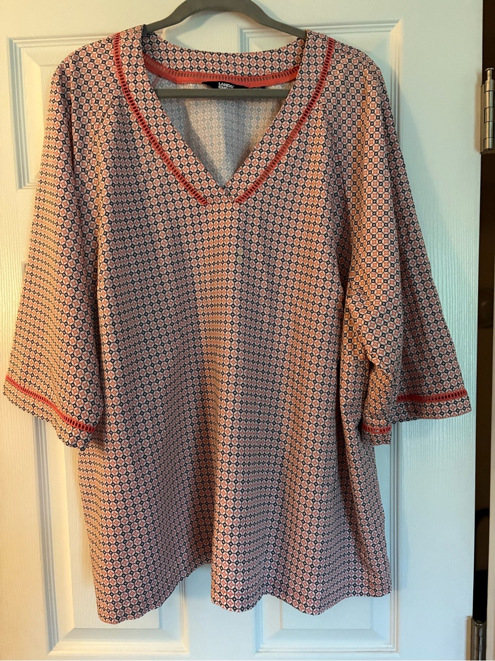 Lands' End Red and Navy Patterned V-Neck Tunic